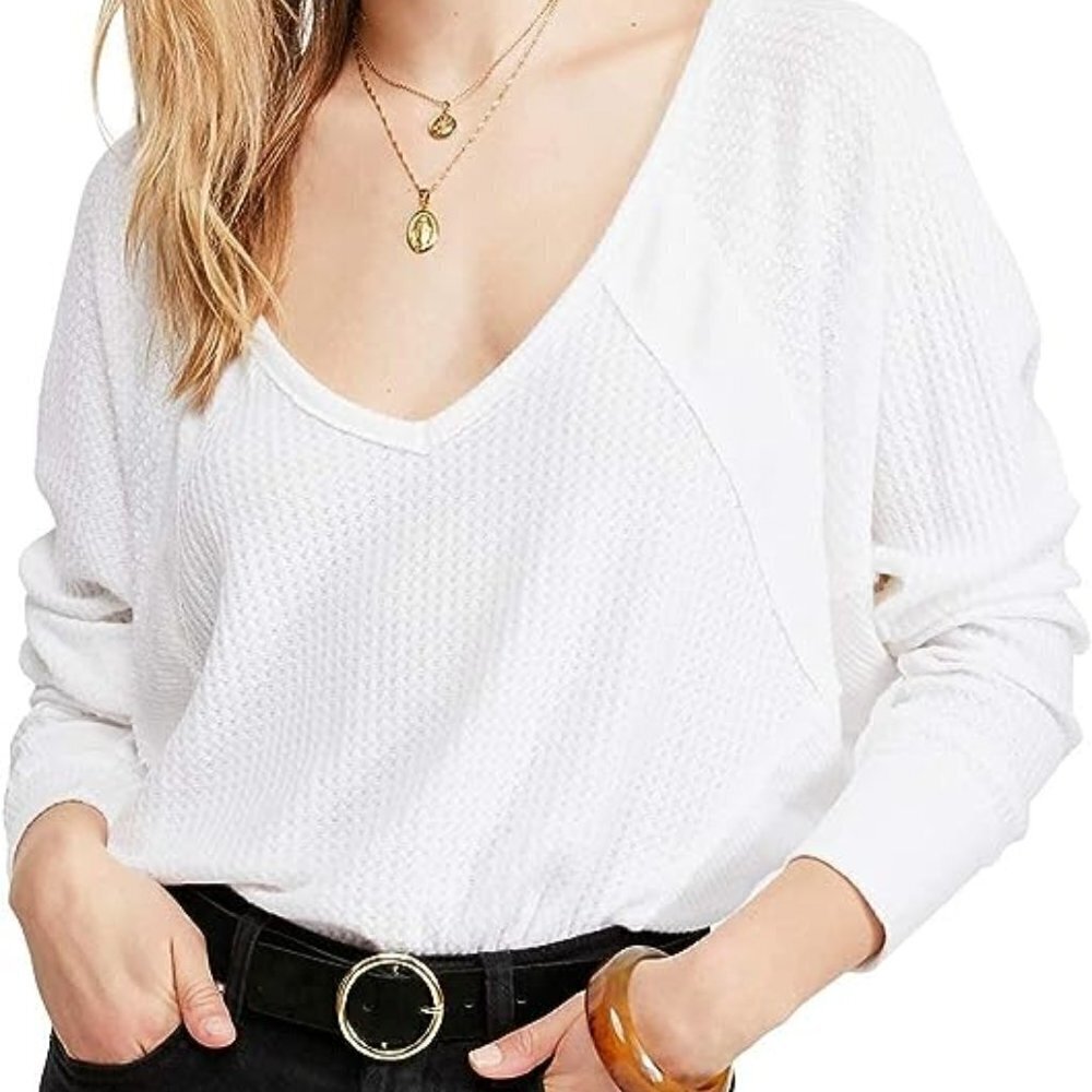 Free People Santa Clara Waffle Knit Thermal‎ Long Sleeve Top in Alabaster White